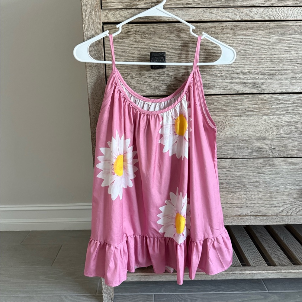 Pink Floral Sleeveless Ruffle Hem Tank Top